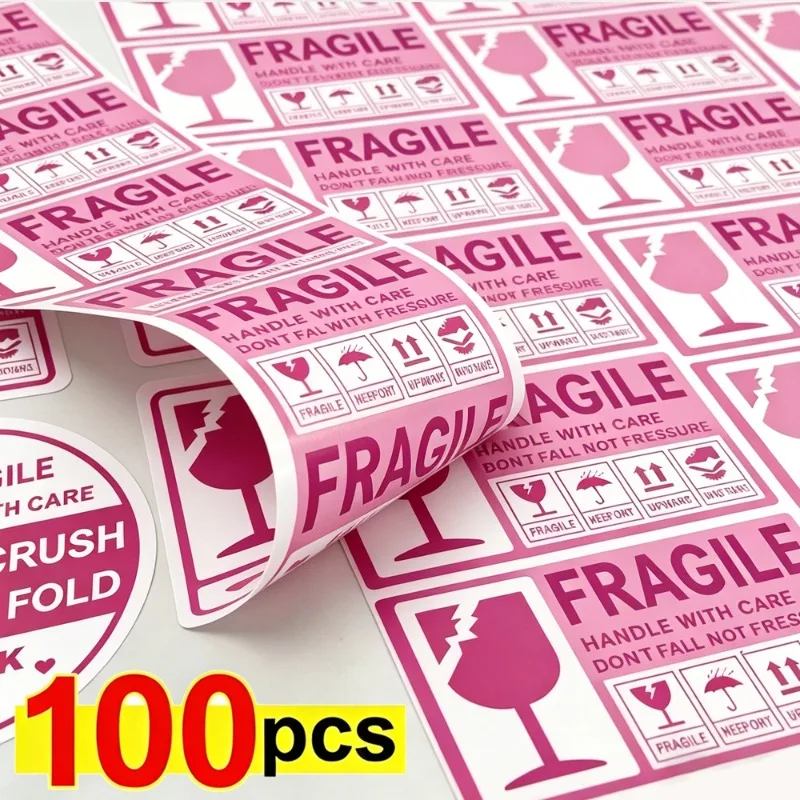 

100/20PCS Pink Fragile Item Warning Label Adhesive Fragile Goods Usage Precautions Sticker for Shipping Carton Envelope Box