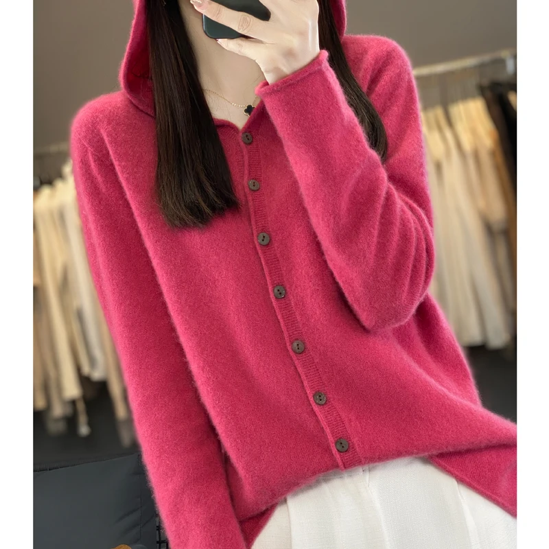 High End Cashmere 23 Autumn/Winter New Thin Coat Women\'s 100%Wool  Hooded Sweater With Button Up Casual Loose Cardigan Versatile