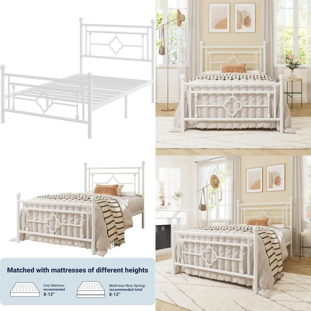 

Victorian-Style Twin Metal Bed Frame with Headboard, Footboard, Storage, Mattress Support, Easy Assembly, White