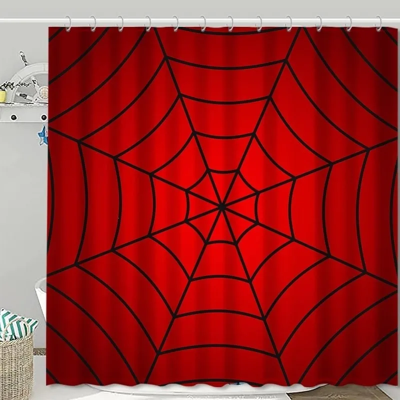 Red Black Spider Web Shower Curtain No Drilling Cool Personality Bathroom Curtain with 12 Hooks