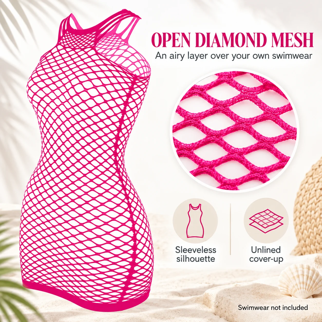 Women's Diamond Fishnet Beach Cover Up Mini Dress Sleeveless Stretch Mesh Swimwear Layer Blue Black Rose Red One Size
