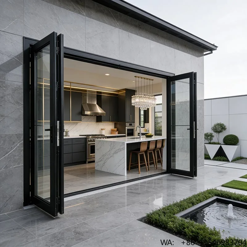 

Modern NFRC Standard Customization Low-e Glass Exterior Folding Front Door Patio Aluminum Bi-Fold Door with Bedroom Application