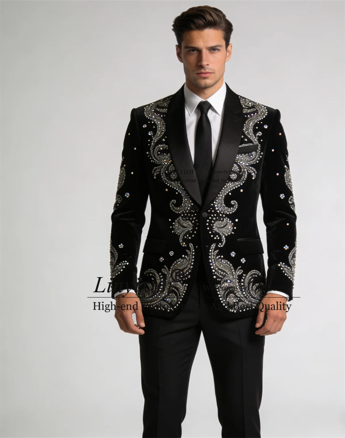 

Мужские костюмы с орнаментом ручной работы и стразами, костюм с шалью и лацканами, Homme, комплекты из 2 предметов, вечерние пиджаки для жениха, свадебные смокинги по индивидуальному заказу