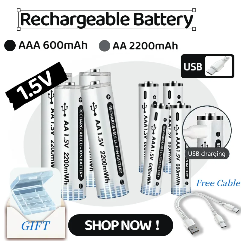 

1.5V AA AAA Rechargeable Lithium Battery 2200mWh USB-C Fast Charge for Mic Toy Flashlight Camera Keyboard High Capacity