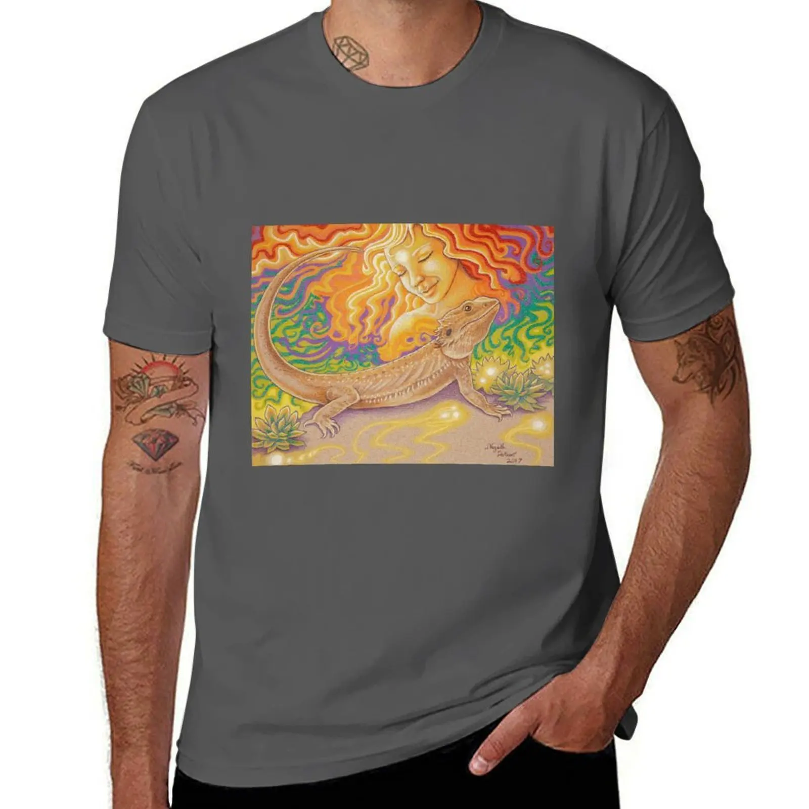 The Sun And The Dragon, Bearded Dragon Art T-Shirt Lightweight Casual Summer T-Shirt