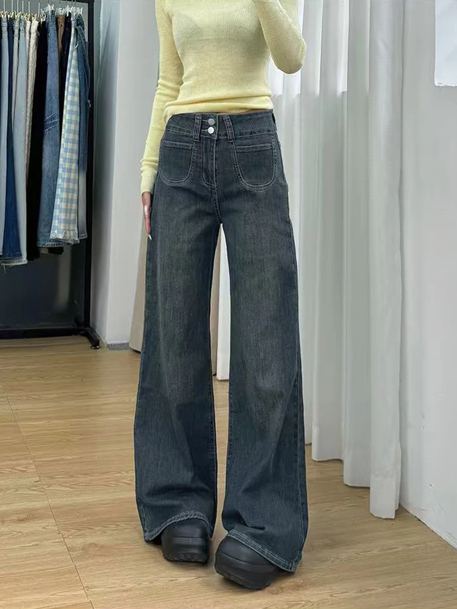 

Эластичные прямые джинсы больших размеров, женские повседневные свободные широкие брюки с высокой талией, утягивающие джинсы, весна-осень
