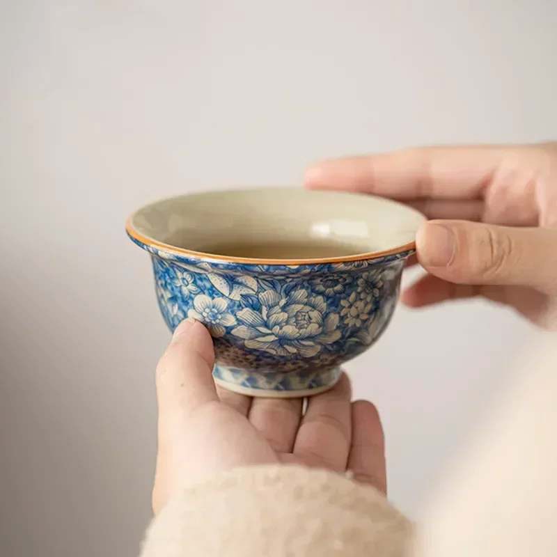 1 Pc Chinese Vintage Ru Kiln Blue and Flower Tea Cup Handmade Flowers Tea Bowl Ceramic Teacup Household Teaware Meditation Cup