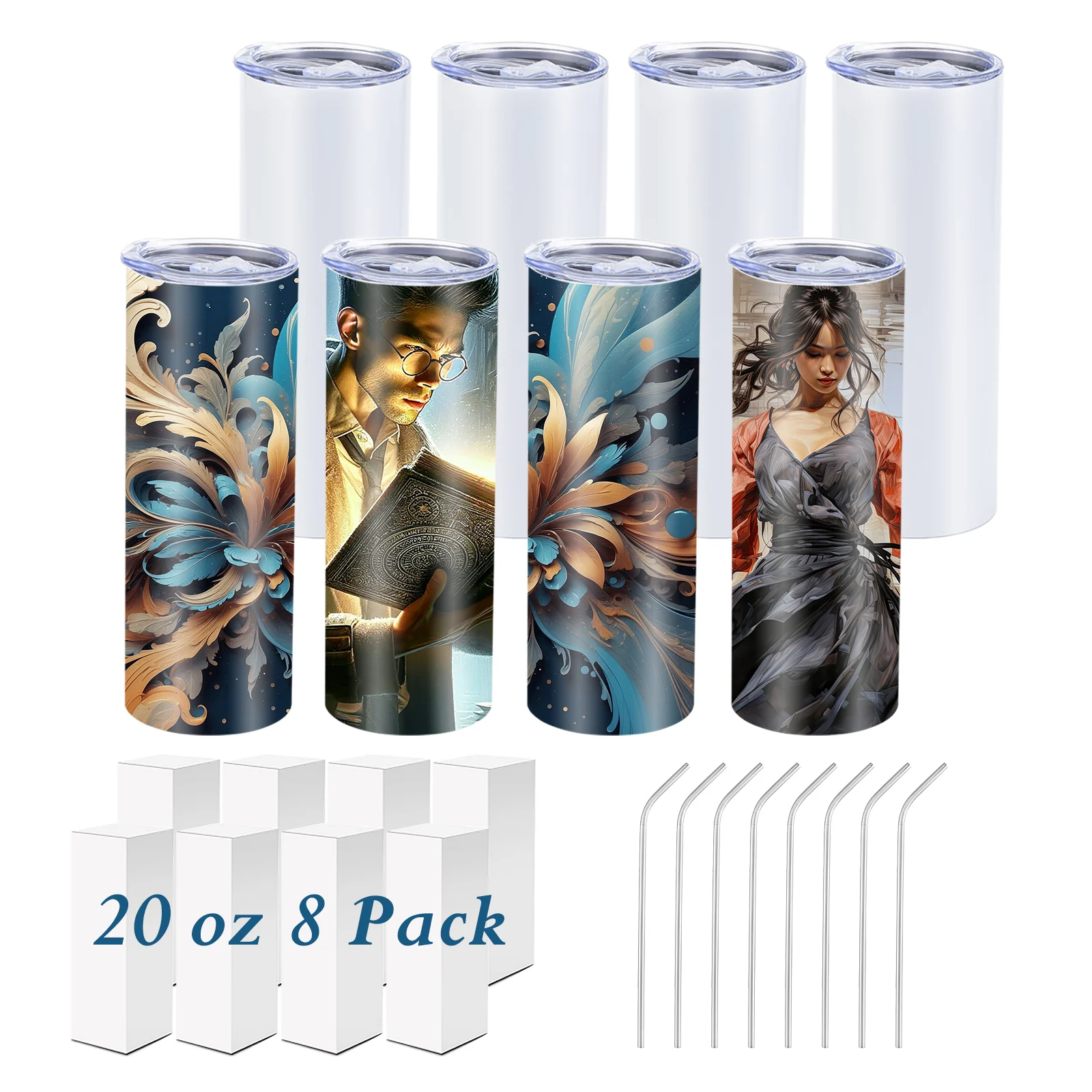 

8 pack 20oz Sublimation Tumbler – Skinny & Straight, Vacuum Insulated Water Bottle, Keeps Cold for 24 Hours,for sublimation