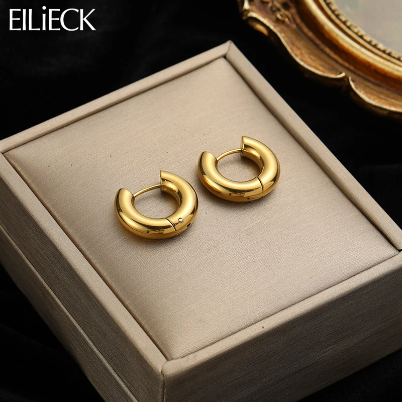 EILIECK 316L Stainless Steel Non-fading Geometric Hoop Earrings Jewelry for Women Trendy Metal Texture Gold Color Earrings Gifts