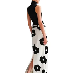 UOOZEE Women British Style Floral Printed Split-Back Elegant Skirts 2024 New Spring Summer Fashion H-Line Straight Skirt