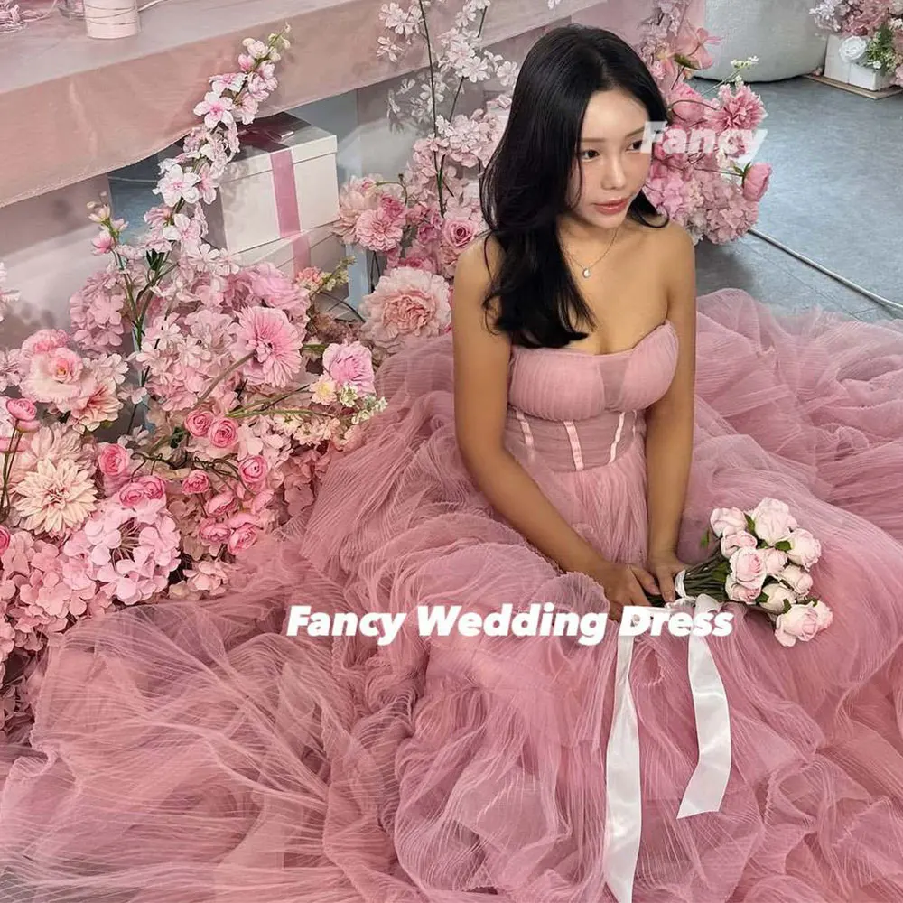 Fantaisie élégante rose robe de mariée sans bretelles une ligne corée séance Photo robe de mariée doux Tulle princesse robes de soirée personnalisé