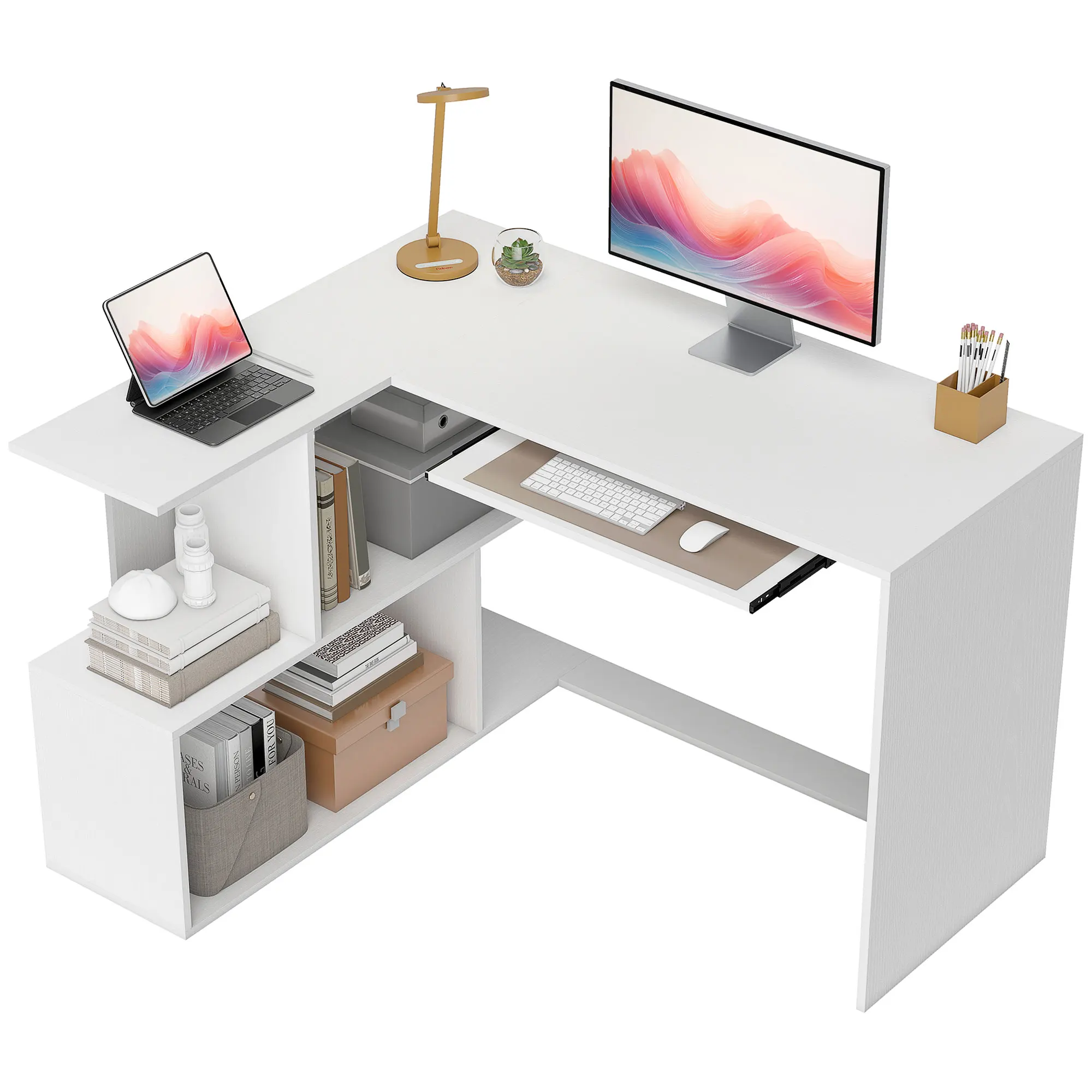 HOMCOM Bureau d'angle bureau en L avec étagères de rangement, plateau à clavier coulissant, 120x100x76cm, blanc