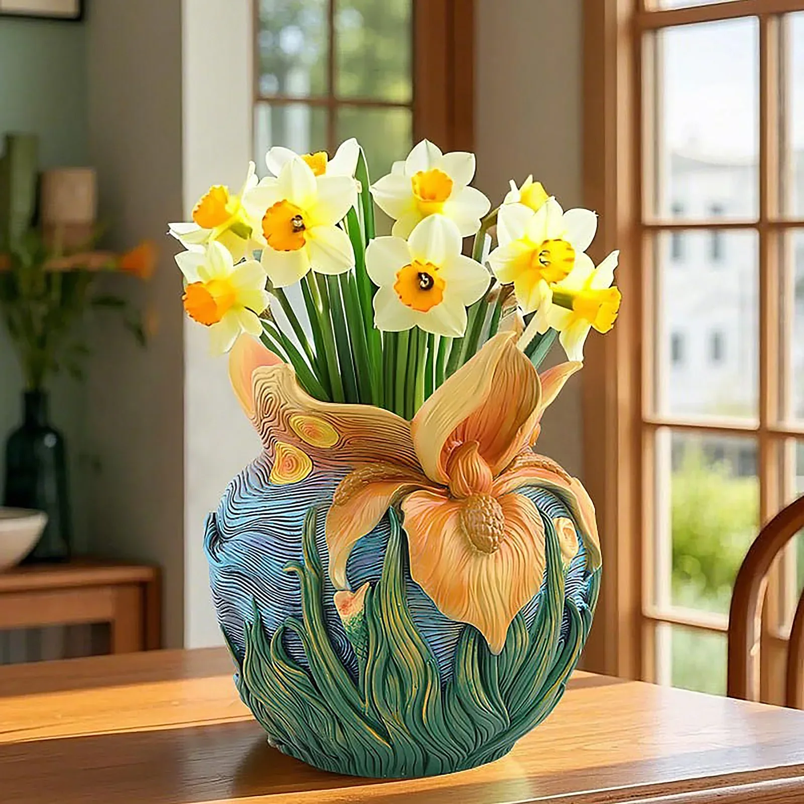 Floral-Themed Resin Flower Pot, Artistic Decorative Planter with Drainage Hole, for Small Plants & Home/Garden Decor