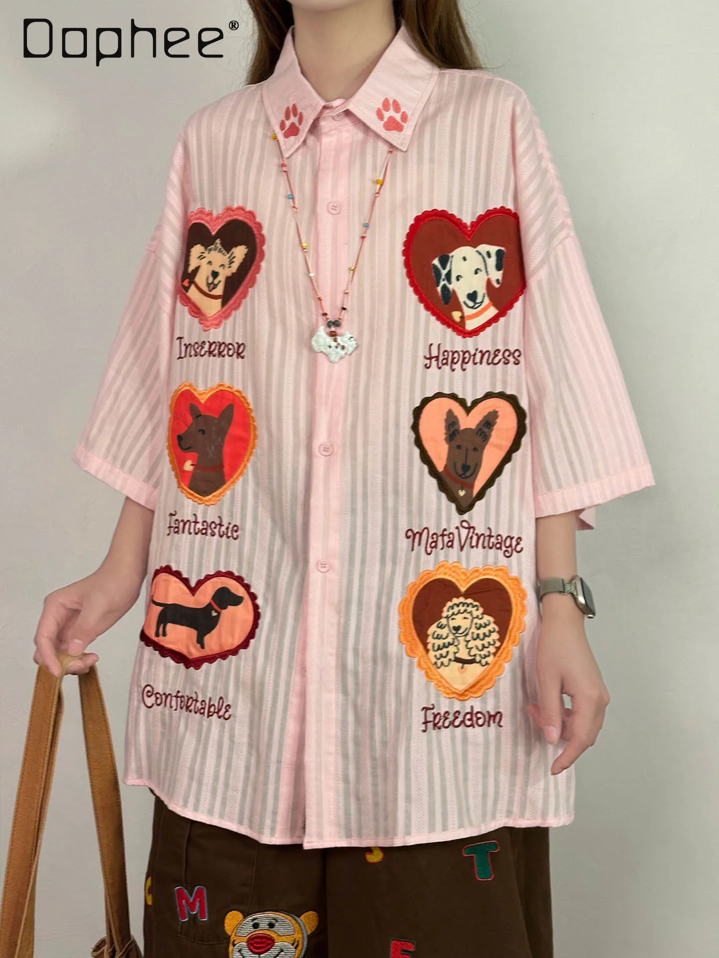 

Summer American Retro Love Cartoon Embroidered Short-sleeved Shirt Women's New Loose Top Tide College Style Shirt