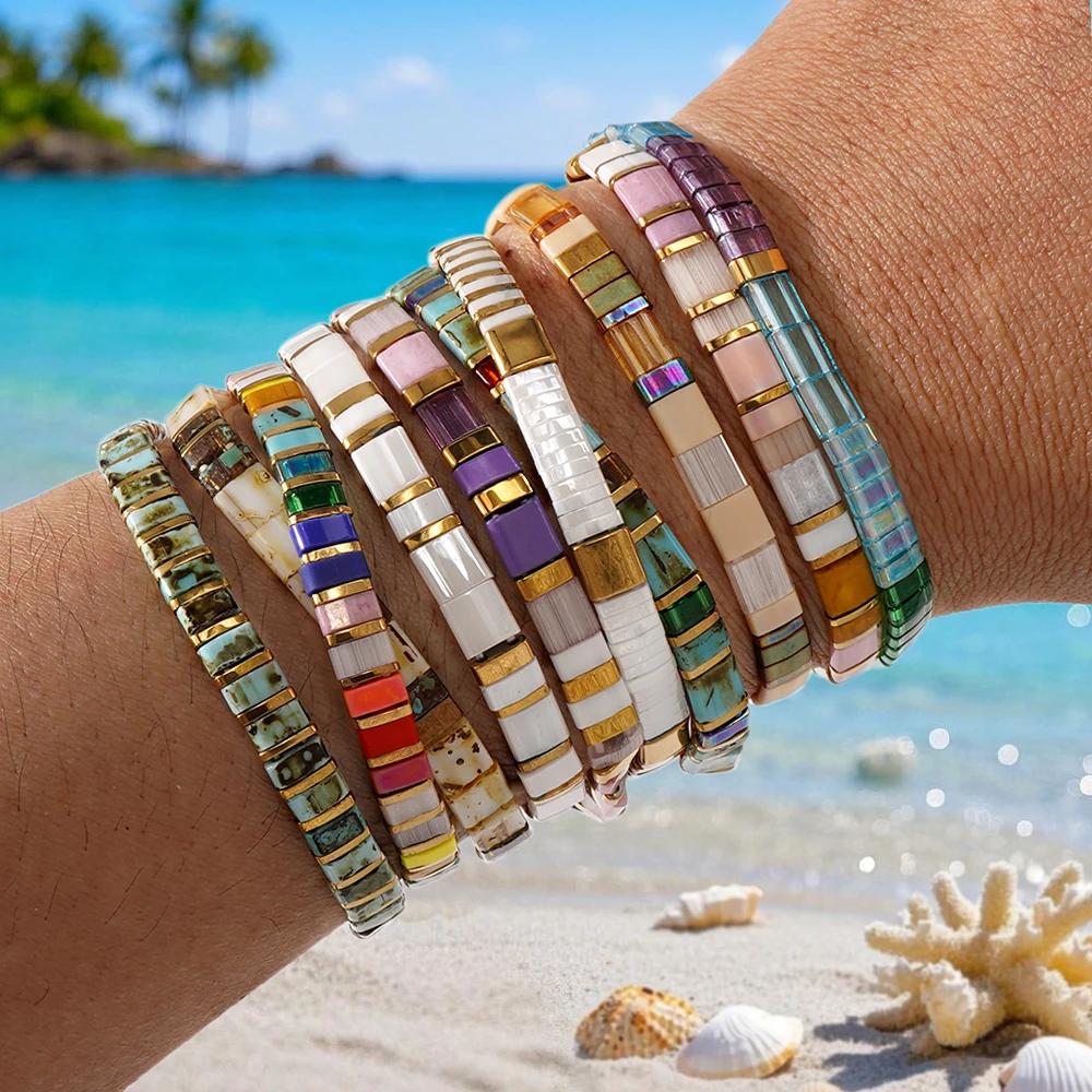 4 PCS Handmade Beach Rainbow Beaded Bangle Colorful Enamel Tile Stackable Boho Stretch Summer Jewelry Bracelets Set for Women