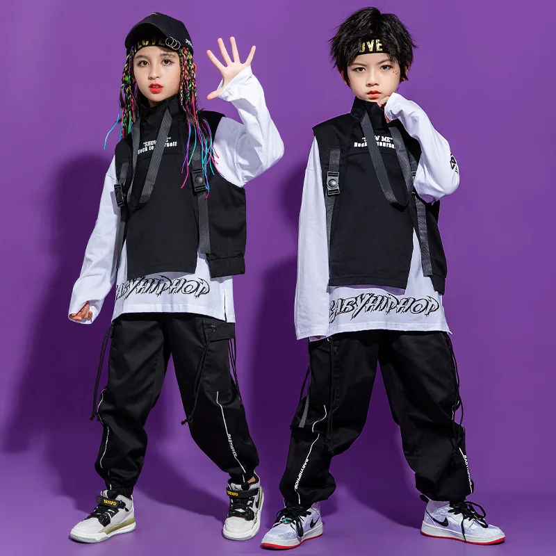 Kid Kpop Hip Hop Clothing Sleeveless Jacket Vest Top Streetwear Jogger Tactical Cargo Pants for Girl Boy Dance Costume Clothes