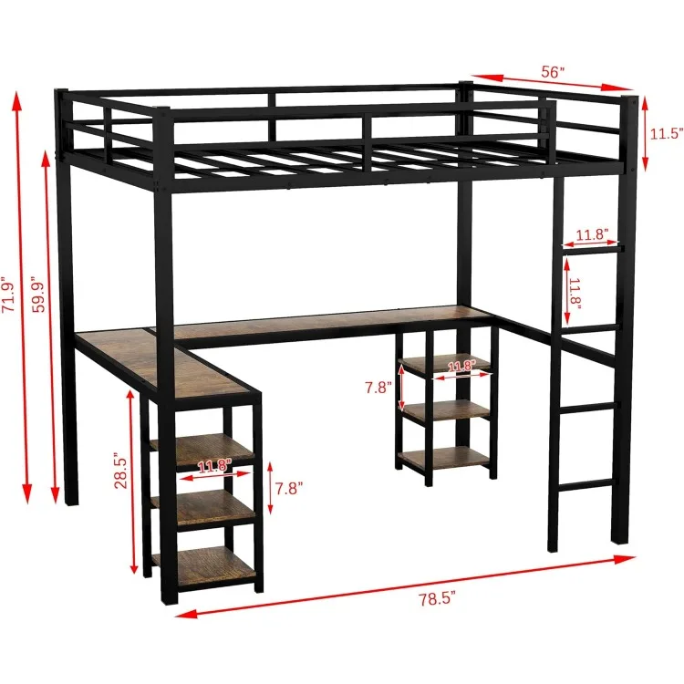 Full loft Bed with Desk and Stairs, Heavy Duty Metal loft Bed, Loft Bed with Storage Shelf for Adults, Kids, Teens，Black