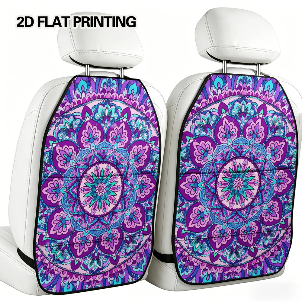 2D Flat, 2pcs Car Seat Kick Mats With Organizer - Bohemian Floral Mandala Designed Storage Pouch, Foldable Backseat Kick Mat Acc