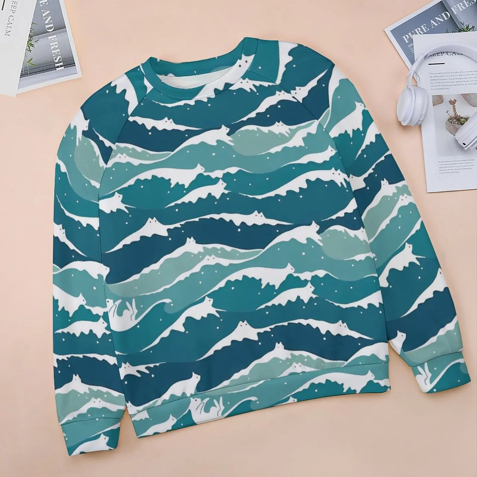 Blue And Green Wave Print Casual Hoodies Winter  Cute Hoodie Long Sleeve Oversized Street Fashion Design Sweatshirts