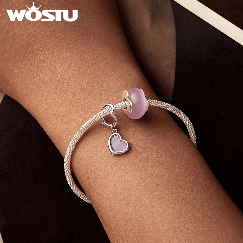 WOSTU Valentine DIY Gift 925 Sterling Silver Natural Shell Double Heart Charm Pendant Pink Murano Glass Beads Fit Bracelet Neck