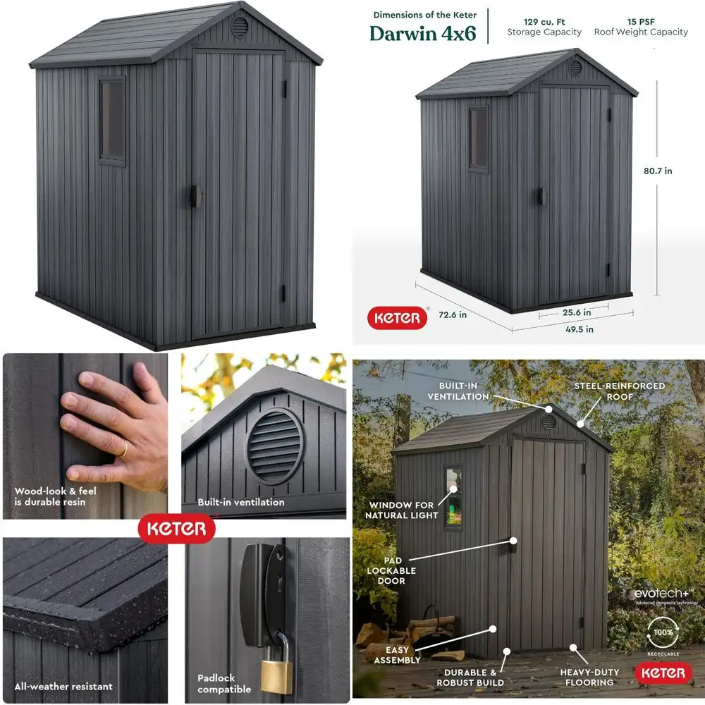 سقيفة تخزين خارجية آمنة من Darwin مقاس 4 × 6 أقدام باللون الرمادي الجرافيت مع هيكل من الراتنج قابل للقفل، وباب واحد، ونافذة، وإضاءة كاشفة #1