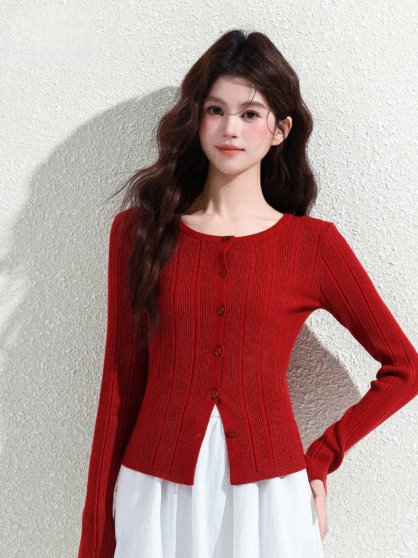 

Red Knitted Long Sleeve Open Cardigan Women's Slim Fit Spring New Year's Style Casual Wear Fashion Design Knitwear Coat