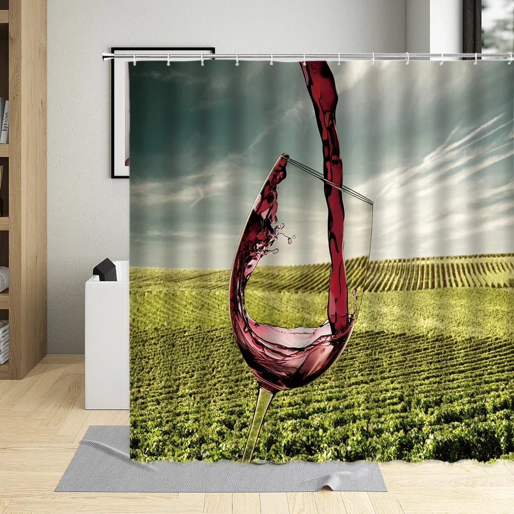 Autumn Country Sunset Scenery Shower Curtains Retro Wine Glass Vineyard Landscape Waterproof Bathroom Curtains with Hooks