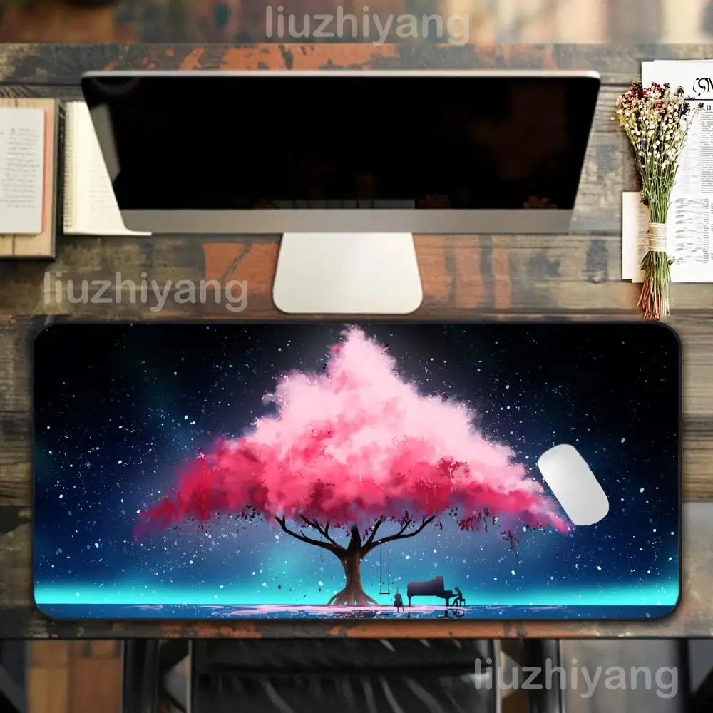 แผ่นรองเมาส์ลายดอกซากุระ XXL ขนาดใหญ่พิเศษ แผ่นรองเมาส์สำหรับเล่นเกมแบบไม่ลื่น แผ่นรองเมาส์สำหรับนักเล่นเกมอีสปอร์ต แผ่นรองเมาส์สำหรับคีย์บอร์ดเกมมิ่งแบบกลไก