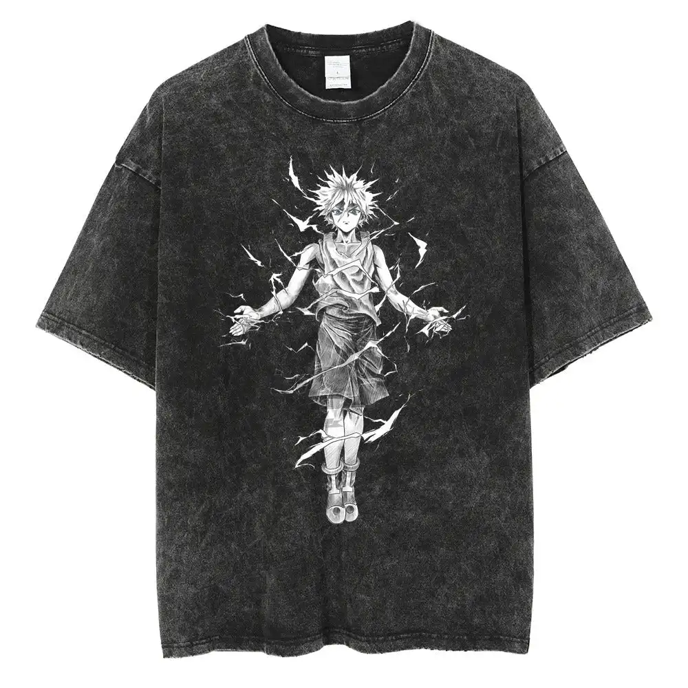 

Hunter X Hunter 2026 Summer Vintage Washed Cotton T Shirt Oversized Streetwear Killua Zoldyck Lightning Effect Graphic Tee