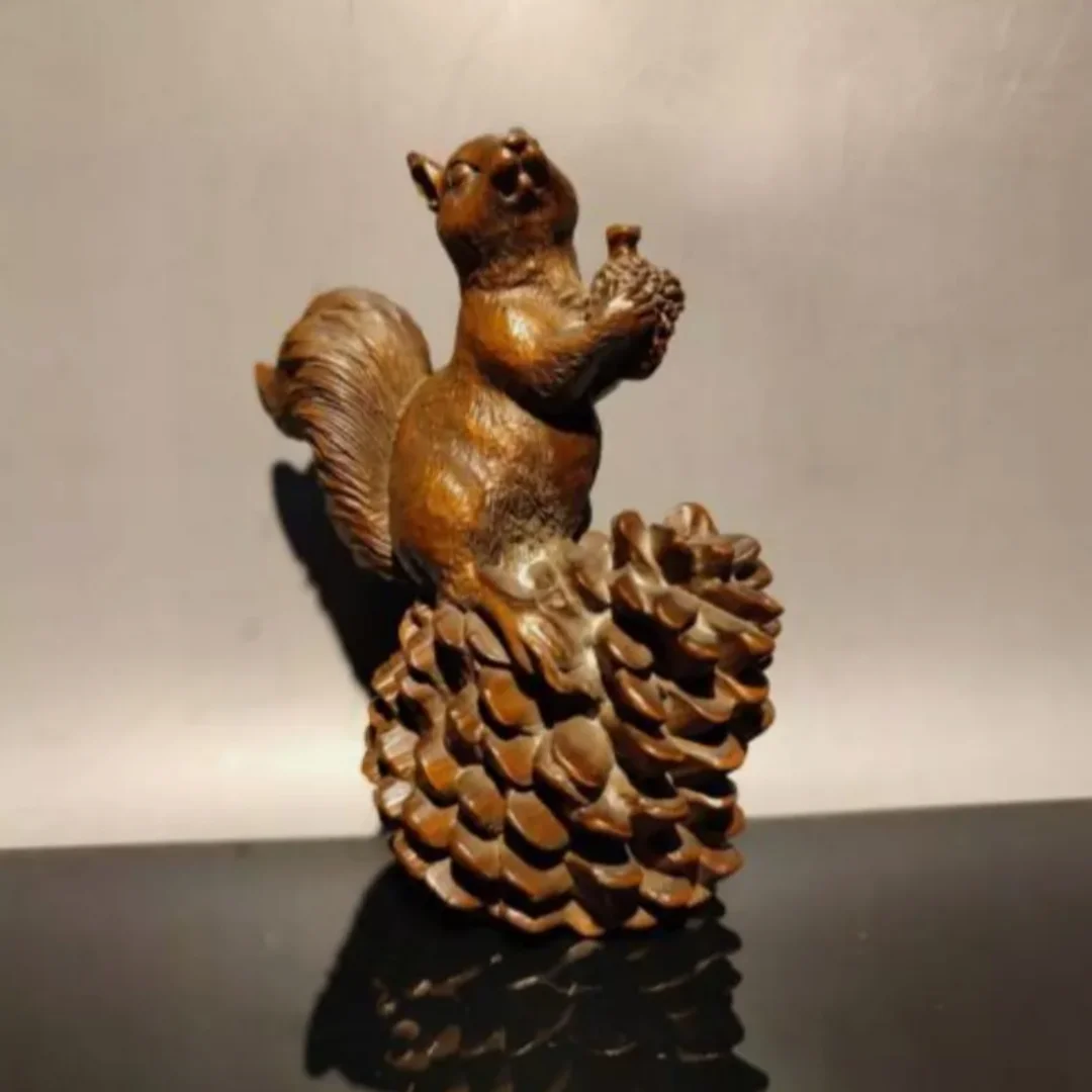 

3.9" Wood Statue Boxwood Pinecone Gift Carved Wooden Cute Squirrel Figurine