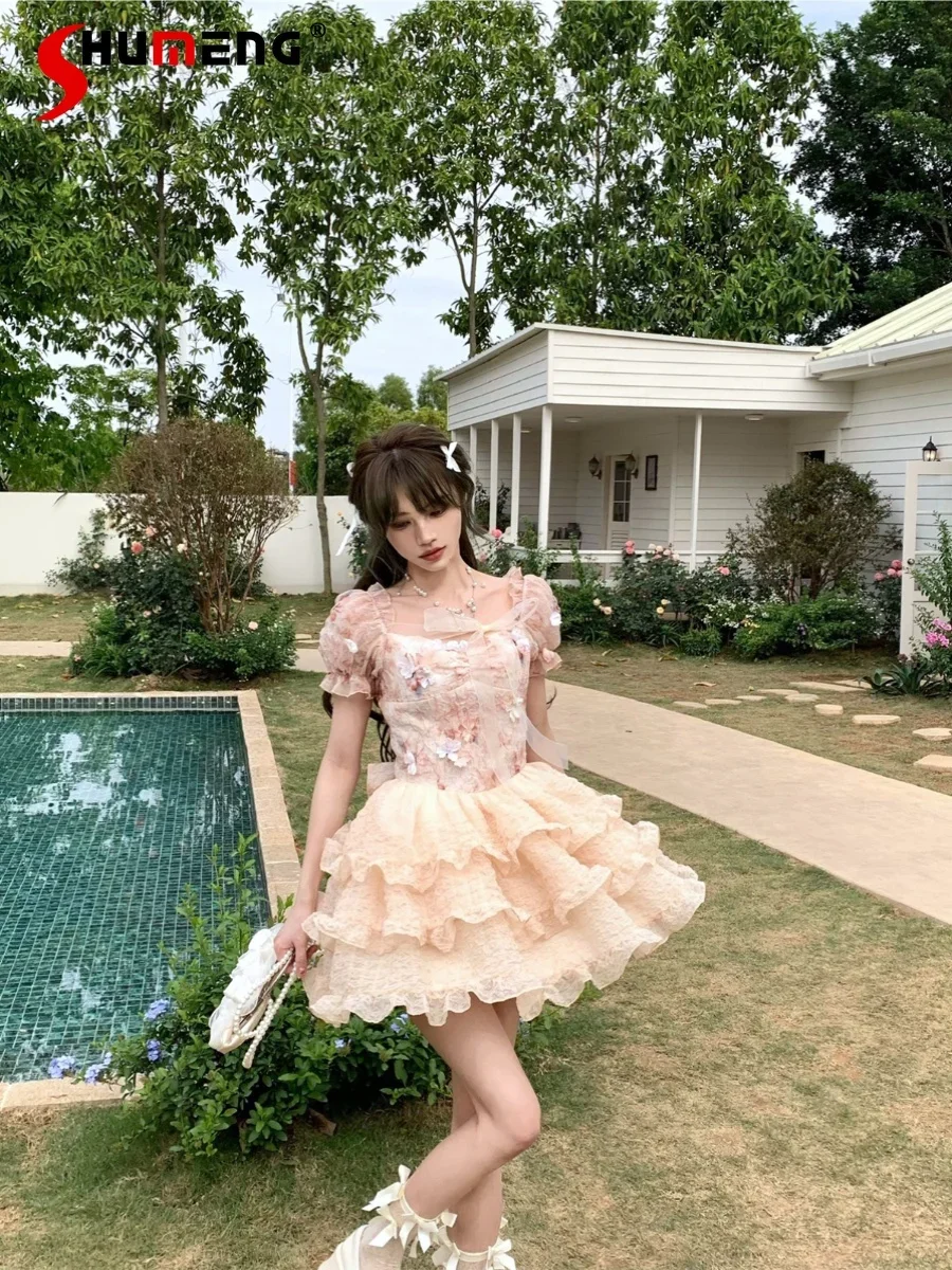 

Japanese Style Sweet Elegant 3D Flower Lace-up Bow Square Collar Puff Sleeve High Waist Slim Fit Ball Gown Princess Dress Women