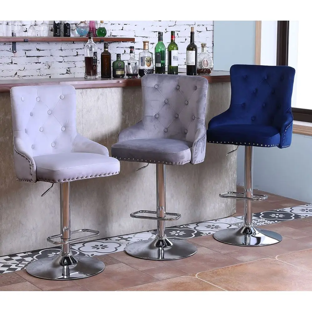 

Bar Stools Set of 4, Gray Velvet Modern Adjustable Swivel Barstools, Comfy Tuffted Backrest Hydraulic Kitchen Island Counter Ch