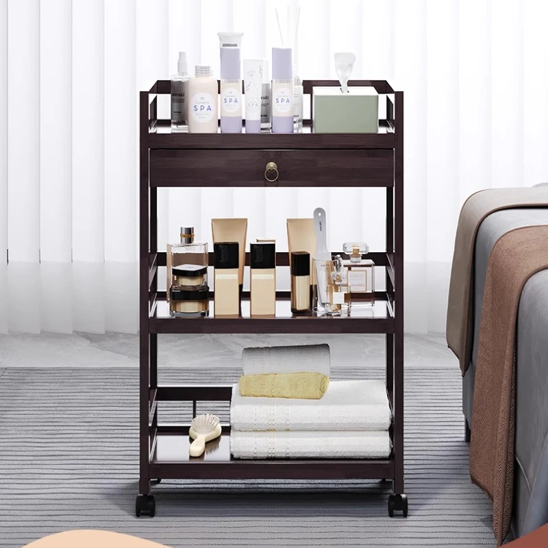 Bamboo Beauty Salon Rolling Cart Mobile Nail Hair Styling Tool Organizer for Spa Barber Shop Storage Trolley Home Storage Rack