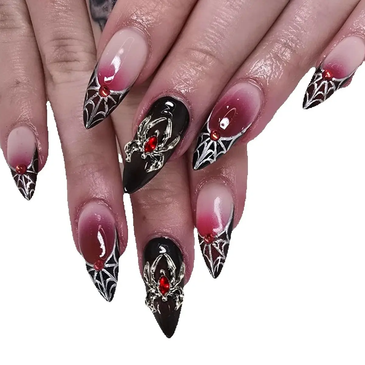 

24pcs Halloween Gothic Fake Nail Tips with Spider Design Black Almond Press on Nail Wearable Detachable European False Nails