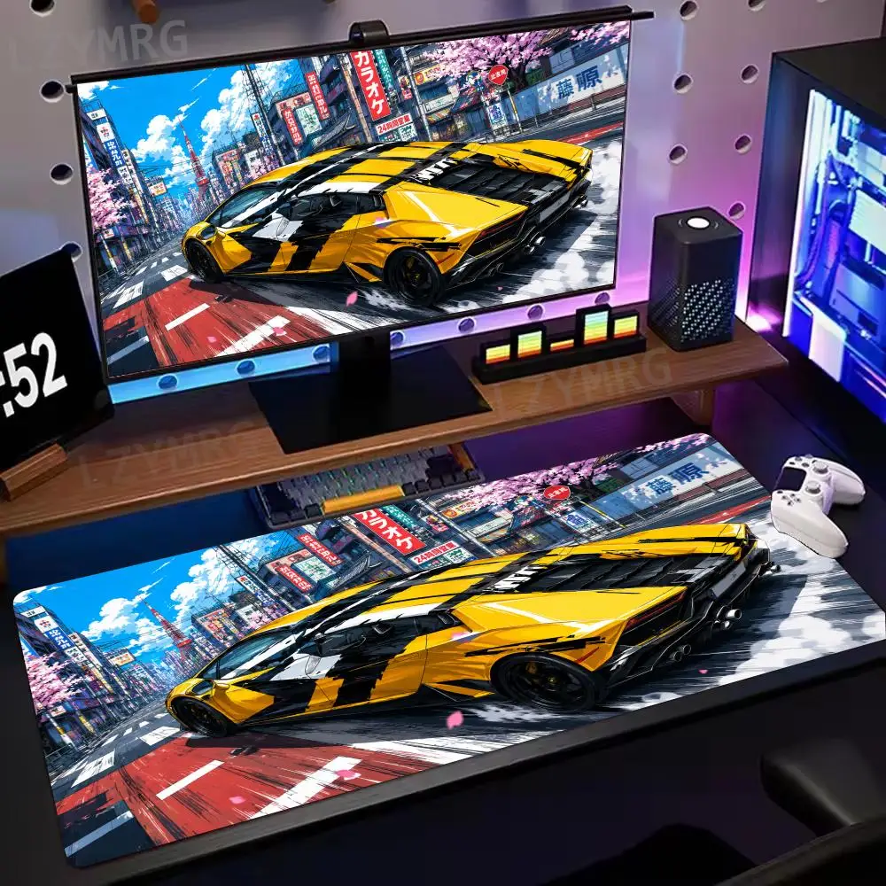 Anime Yellow Sports Car Large Mouse Pad Tokyo City Street Cherry Blossom Racing Art Desk Mat for Home Office Gaming Decor