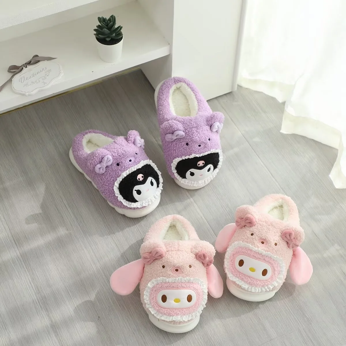 Sanrio Hello Kitty Plush Indoor Home Cotton Shoes Soft Thickened Sole Kuromi My Melody Cinnamoroll Plush Slippers Non-slip Girl