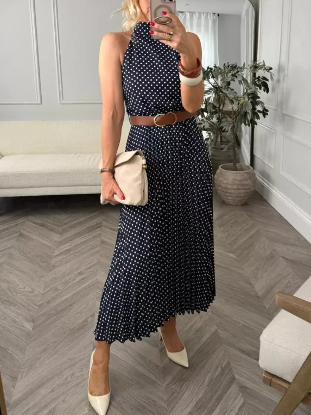 

Elegant Women Backless Tie-up Dress Back Tie and Ruffle Hem Polka Dot Midi Backless Dress with Belt Summer Holiday Party Dress