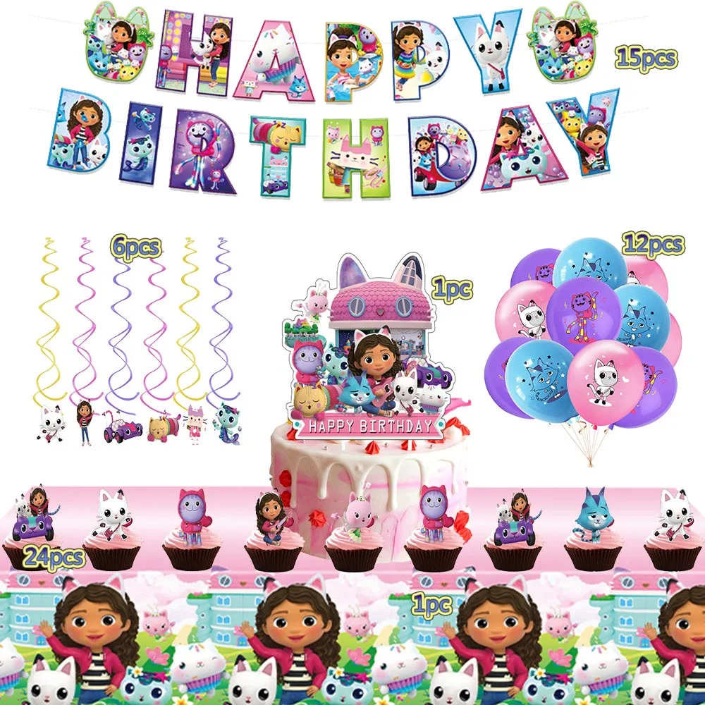 Image of Gabby Dollhouse Geburtstagsparty-Dekorationen Einweg-Tischgeschirr Teller Becher Girlande Ballon Hintergrund Babyparty-Geschenke