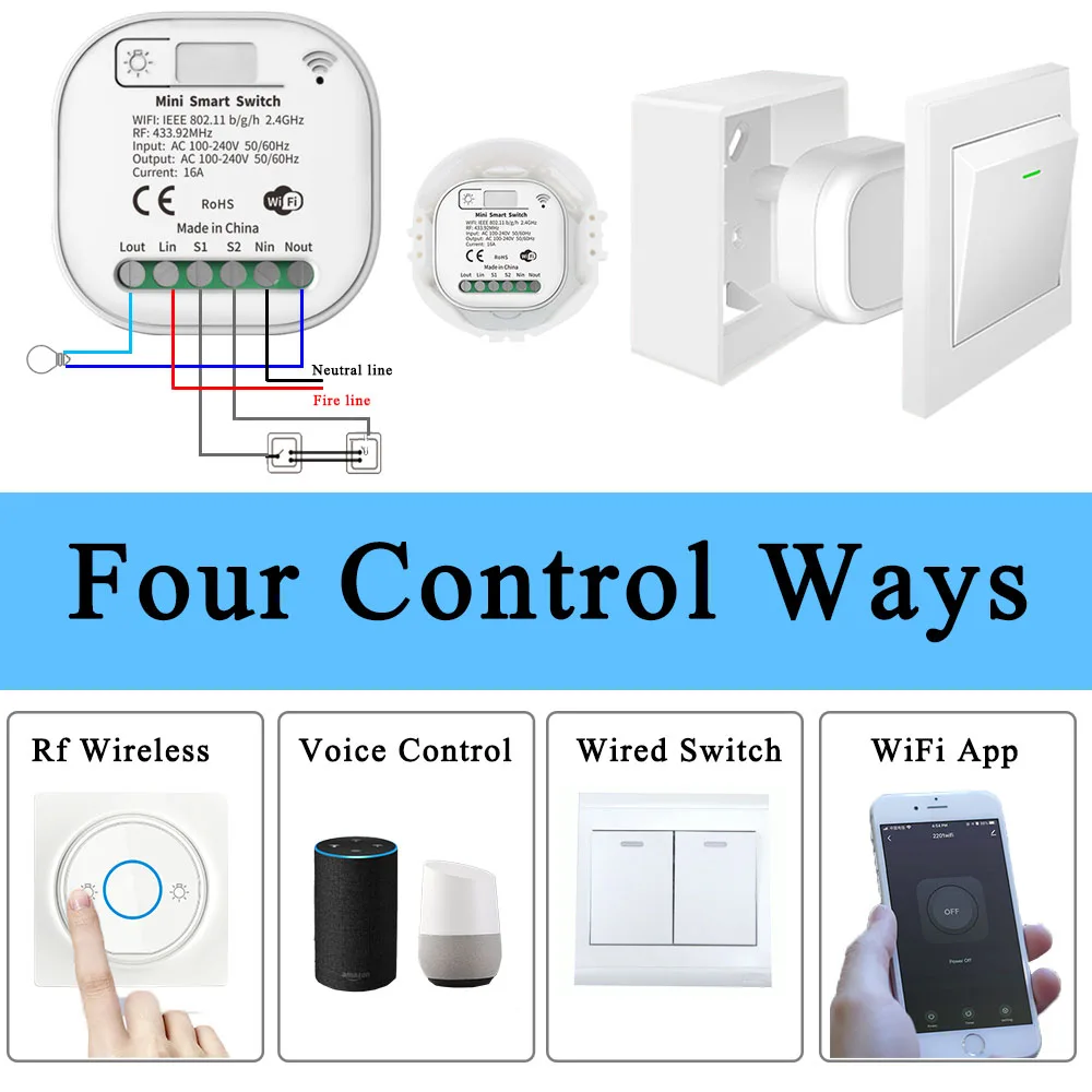 Tuya Smart WiFi and Rf Light Switch 433MHz Kinetic Wall Switch No Battery Need Wireless Remote Control Timing 220V 16A for Alexa