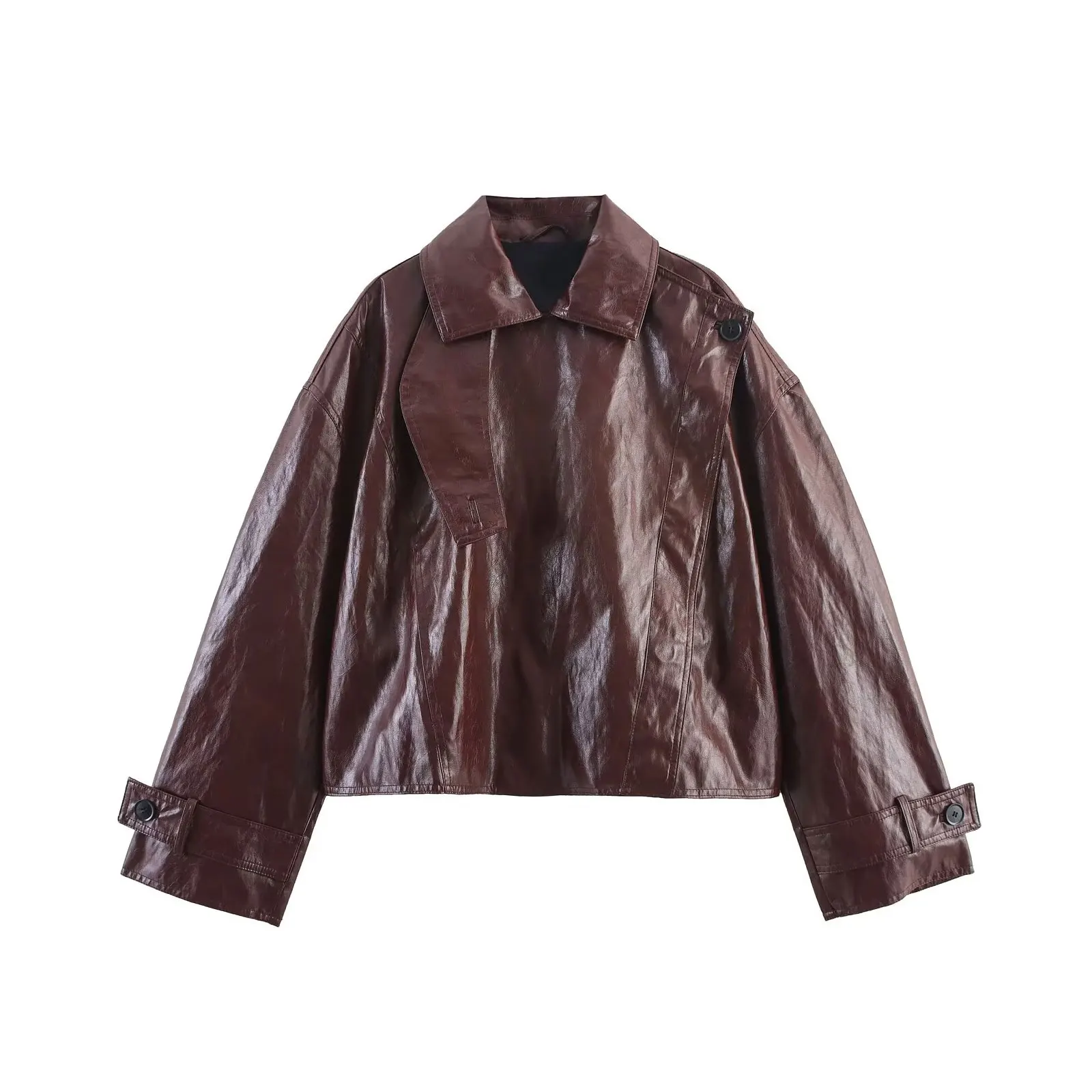 HH Weibliche Street Fashion Glanz Leder Jacke Lange Ärmel Revers Tasten Reise Straps Herbst Solide Vintage Asymmetrische Mäntel