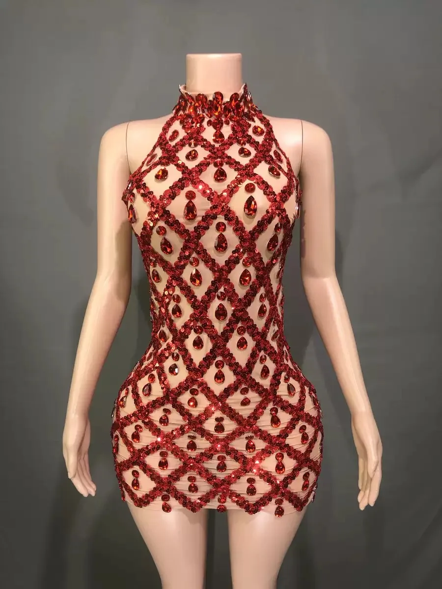Luxury Sparkling Diamonds Mesh Sexy Throug Mini Dress Fashion Woman Birthday Party Dress Stage Performance Costume