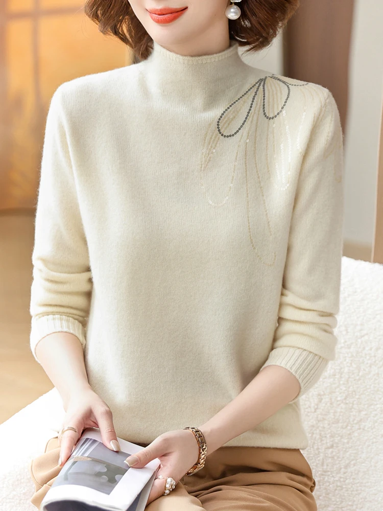 

100% Wool Solid Sweater Tops Autumn Korean Fashion Women Clothing Long Sleeve Pullover Knitwears Turtlneck Women's Sweaters