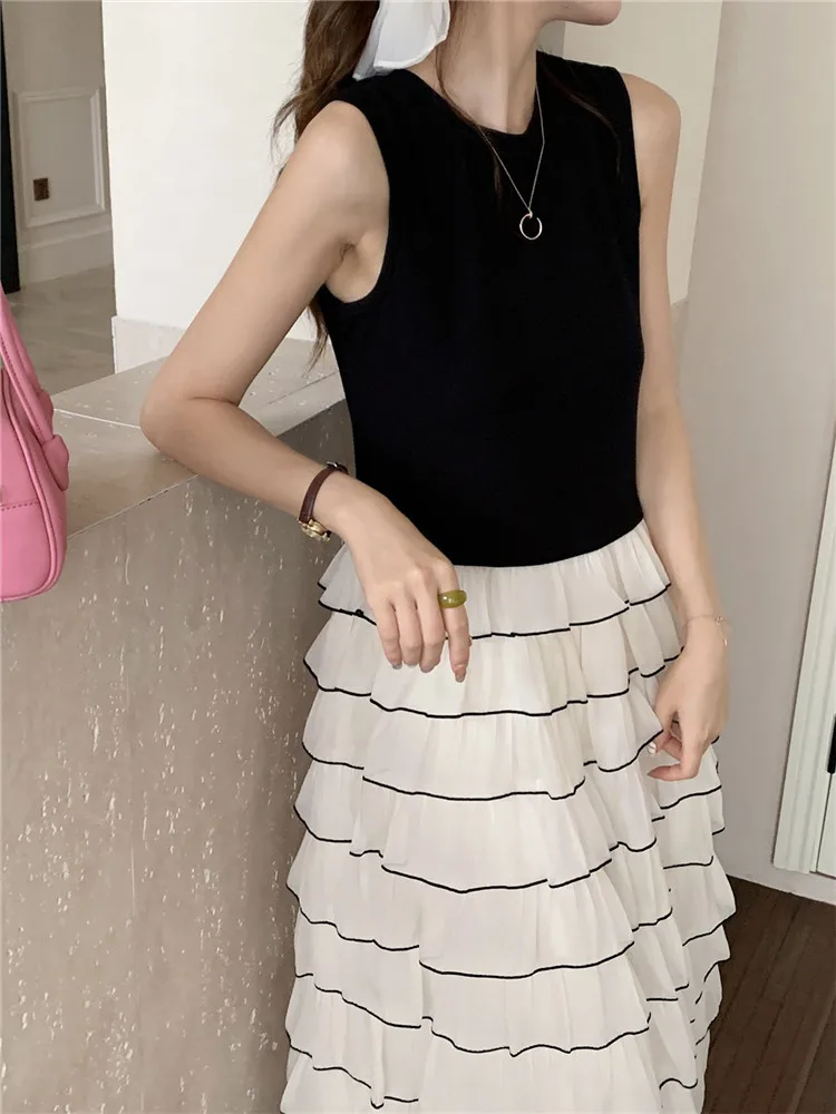 Coreano retro cor contraste babados em camadas bolo vestido o pescoço falso 2 peça sem mangas de malha retalhos tanque colete vestido vestidos