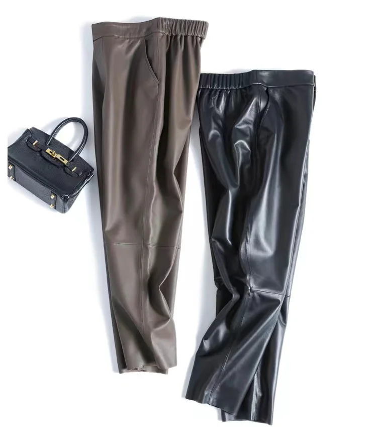 2023 Women New Fashion Genuine Sheepskin Harem Leather Pants Casual Loose High Waist Real Leather Pants E76