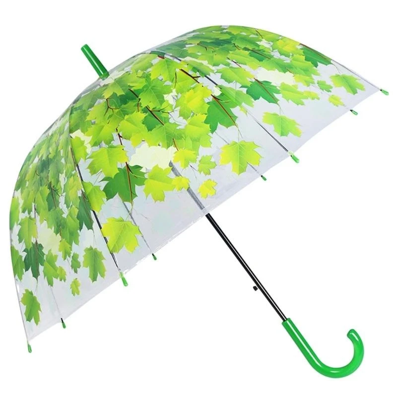 

652F Clear Bubble Umbrella Leaf Pattern Umbrella Automatic Clear Dome Umbrella See Through Dome Umbrella for Kid Adult