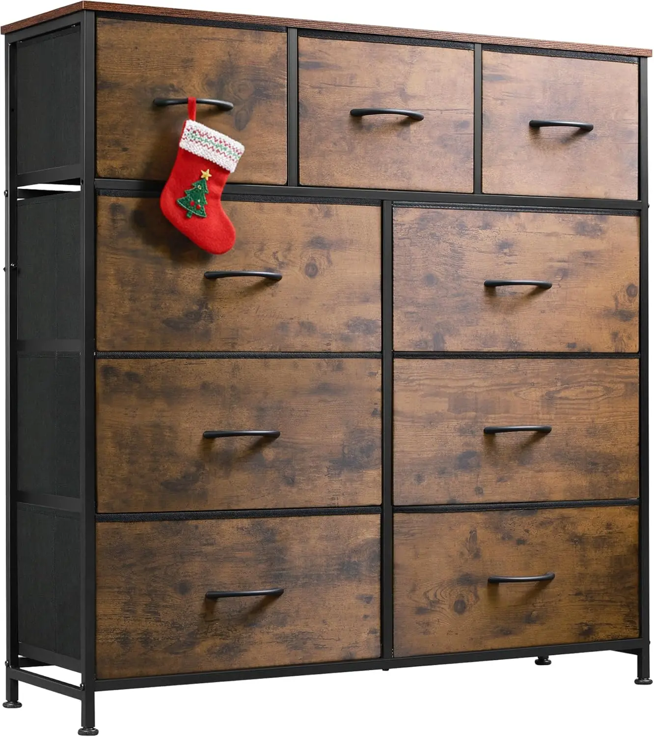 

9-Drawer Fabric Storage Tower with Steel Frame & Wood Top, Rustic Brown Organizer for Bedroom, Hallway, Entryway