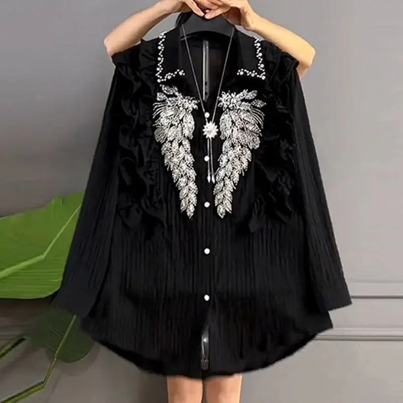 Stylish Diamonds Beading Shirt Casual Ruffles Spliced Women\'s Clothing Commute Single-breasted Spring Autumn Lapel Loose Blouse