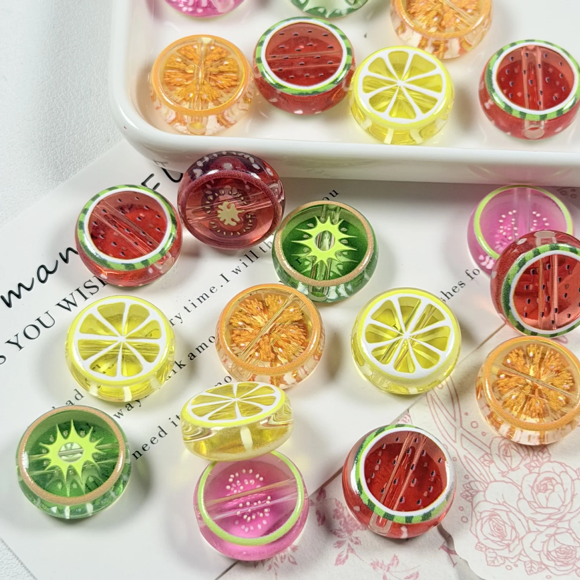 10Pcs 18MM Transparent Printed Summer Fruit Lemon Watermelon Round Flat Beads Diy Bracelet Necklace Earrings Jewelry Accessories