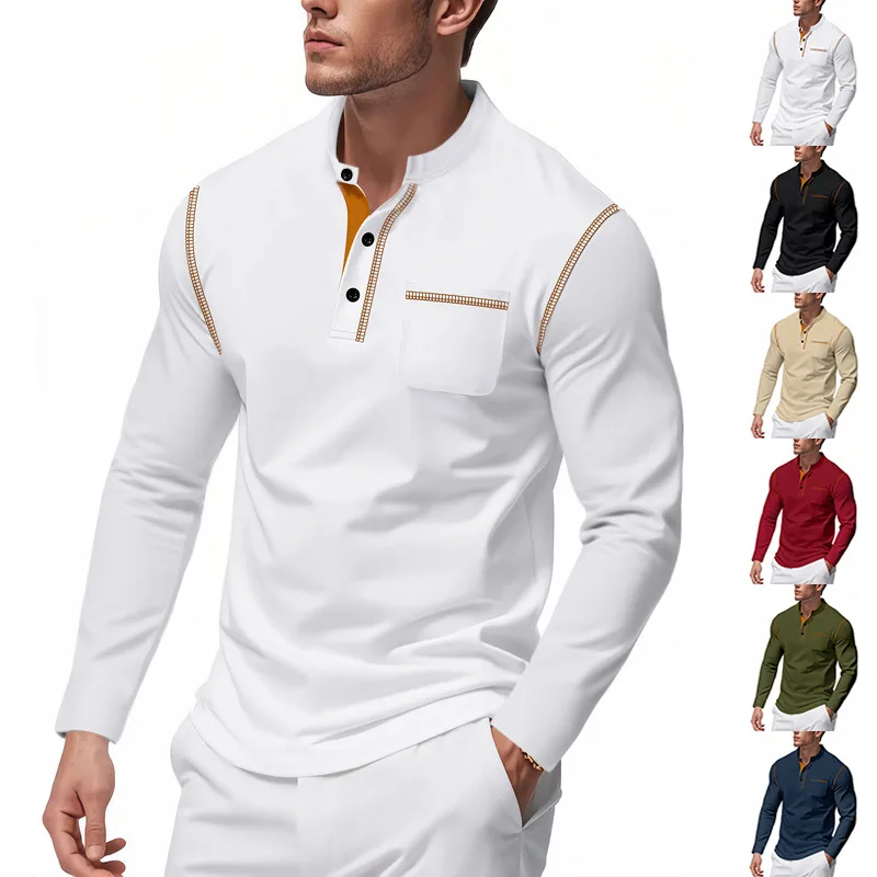Autumn  Long-sleeved Men's T-shirt Henry Color Matching T-shirt Men
