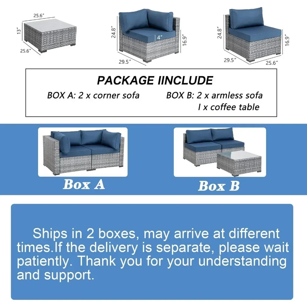 Outdoor Sofa Set of 5 with Washable Cushions & Glass Coffee Table, 5 Pieces Outdoor Patio Sectional Sofa Couch